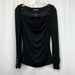 Dream Culture Womens Blouse Black Long Sleeve Draped Sccop Neck Rivets S